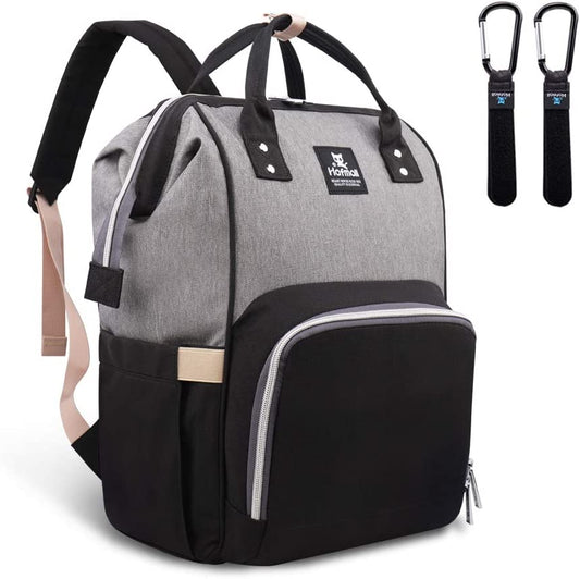 Diaper Bag Backpack, Multifunctional Baby Diaper Bag with Stroller Hooks, Stylish Baby Bag for Mom Dad, Gray Black