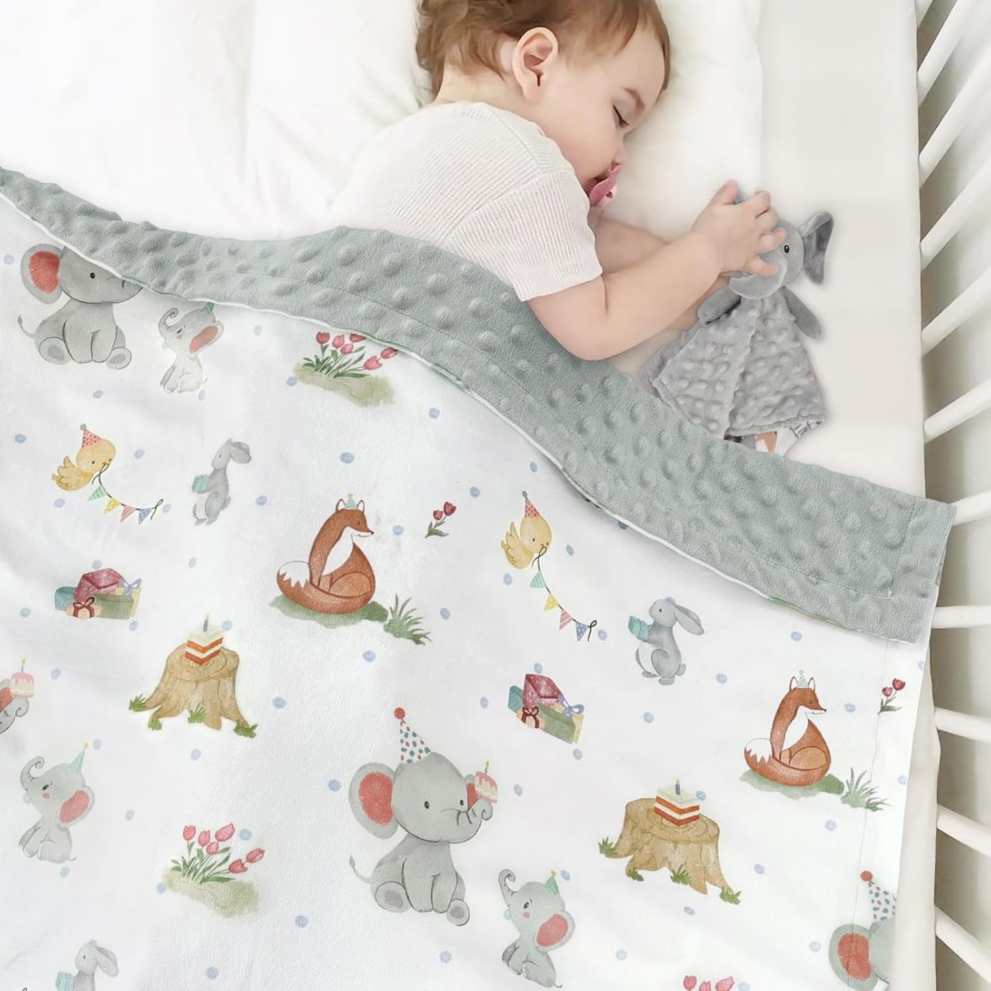 Baby Blanket for Unisex Boys Girls, Super Soft Nursery Minky Fabric with Woodland Animal Party Front and Dotted Fleece Backing for Toddler Stroller Crib Shower Gifts, 30 X 40 Inch