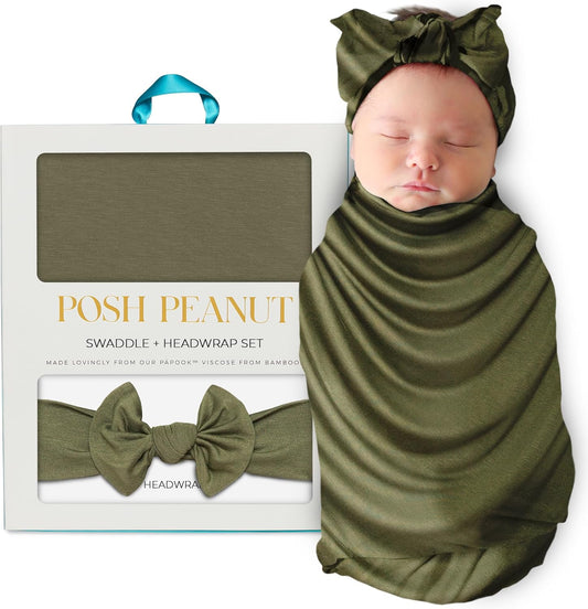 Swaddle Blanket & Headband Set – Viscose from Bamboo Stretchy Baby Swaddle for Newborn Girls, Receiving Blanket or Nursing Cover (Olive)