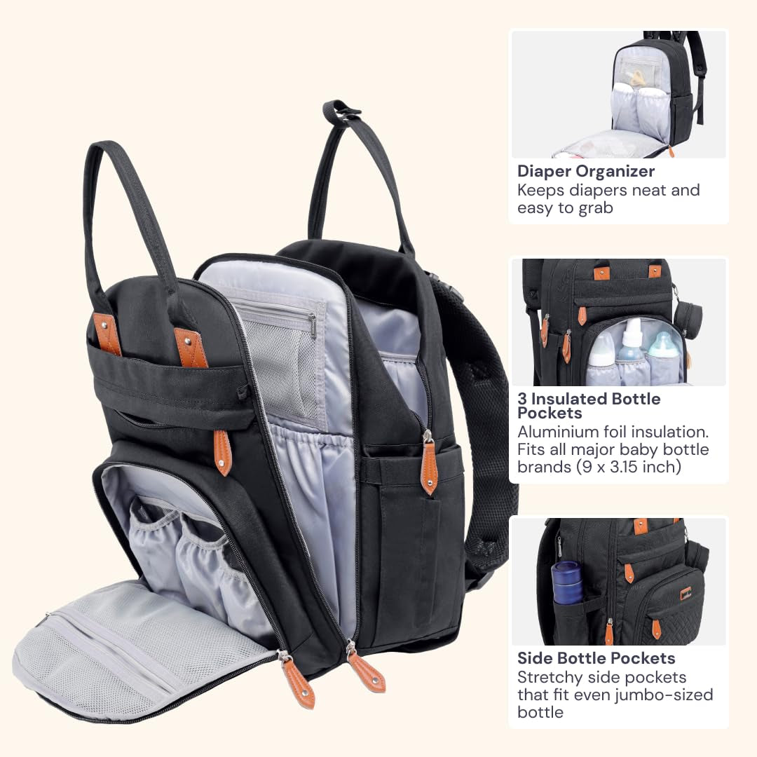 Diaper Bag Backpack - Baby Essentials Travel Tote - Multi Function Water Resistant Diaper Bag, Travel Essentials Baby Bag with Changing Pad, Stroller Straps & Pacifier Case - Unisex, Black