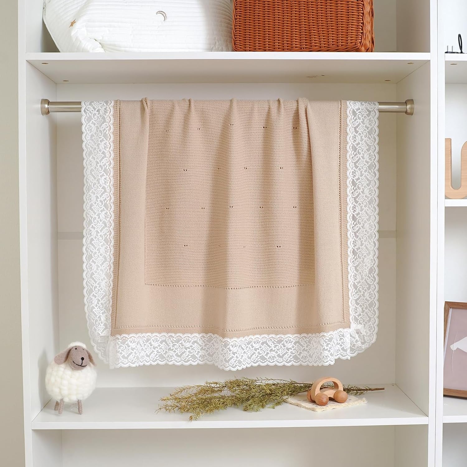 100% Pure Cotton Baby Blanket Extra Soft Cellular Neutral Swaddle Receiving Crib Blanket for Newborn Baby Boy Girl Size 30 X 40 Inches (Camel -Lace)