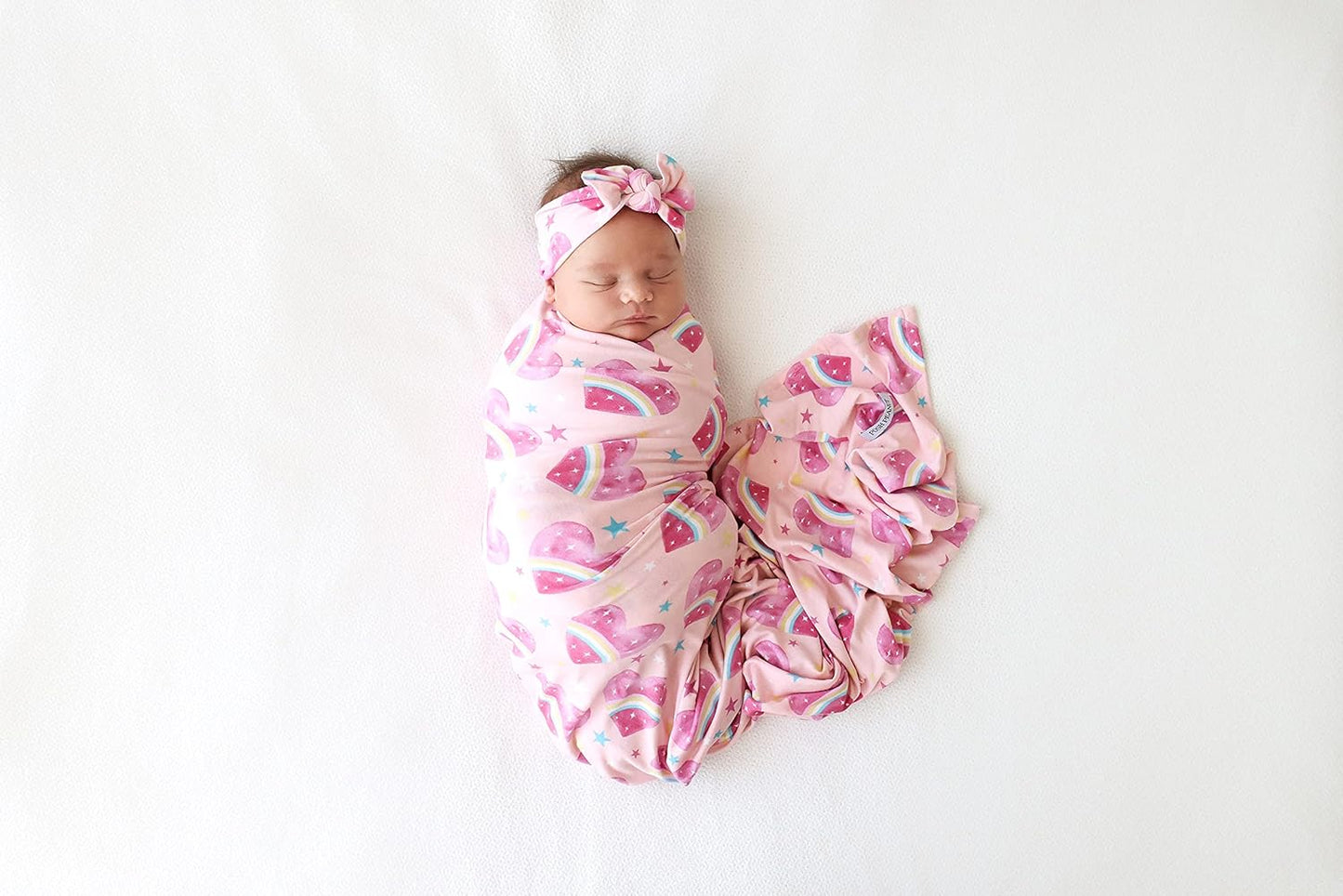 Baby Swaddle Blanket & Headband - Matching Newborn Girl Swaddle Set, Use as a Receiving Blanket or Nursing Cover (Rainbow Hearts)