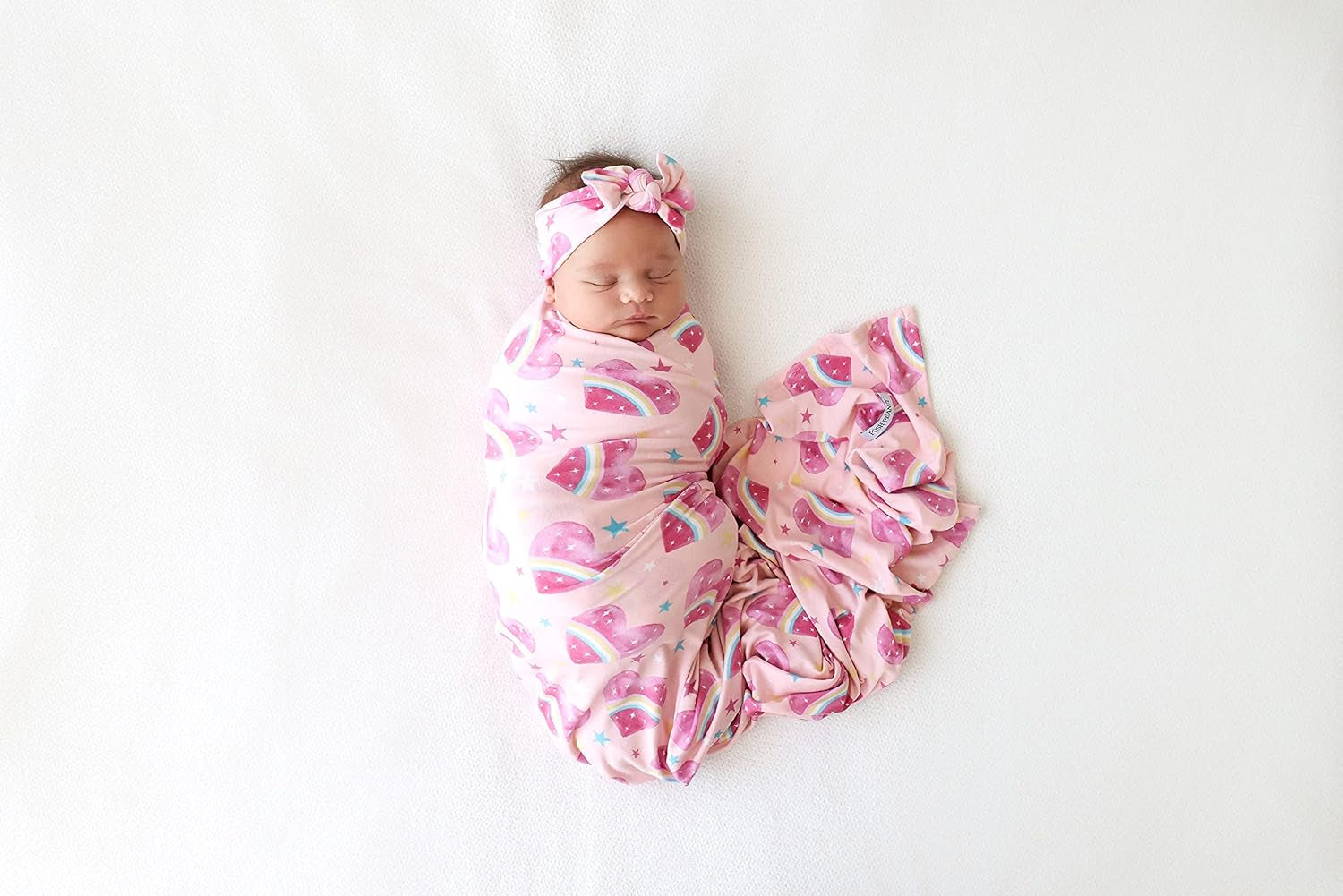 Baby Swaddle Blanket & Headband - Matching Newborn Girl Swaddle Set, Use as a Receiving Blanket or Nursing Cover (Rainbow Hearts)