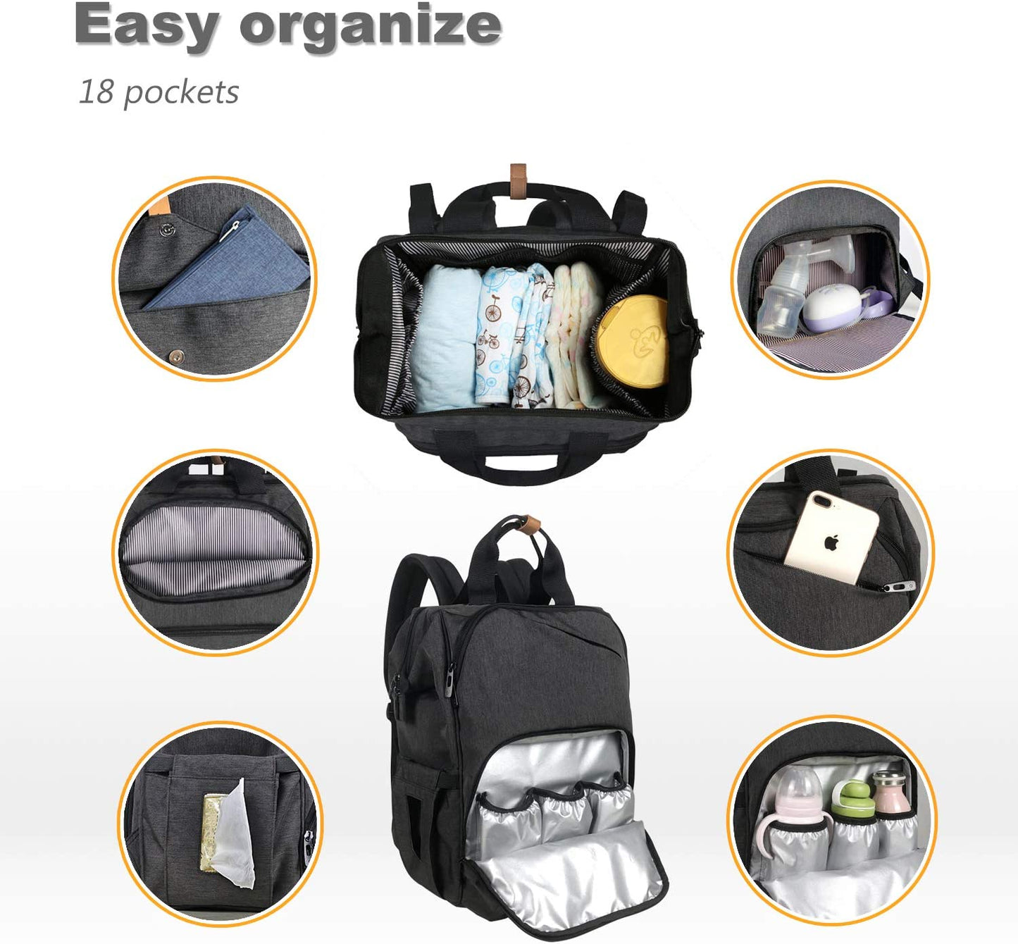 Diaper Bag Backpack,Large Capacity Travel Back Pack Maternity Baby Nappy Changing Bags, Double Compartments with Stroller Straps,Waterproof,Black (US7340-DG)