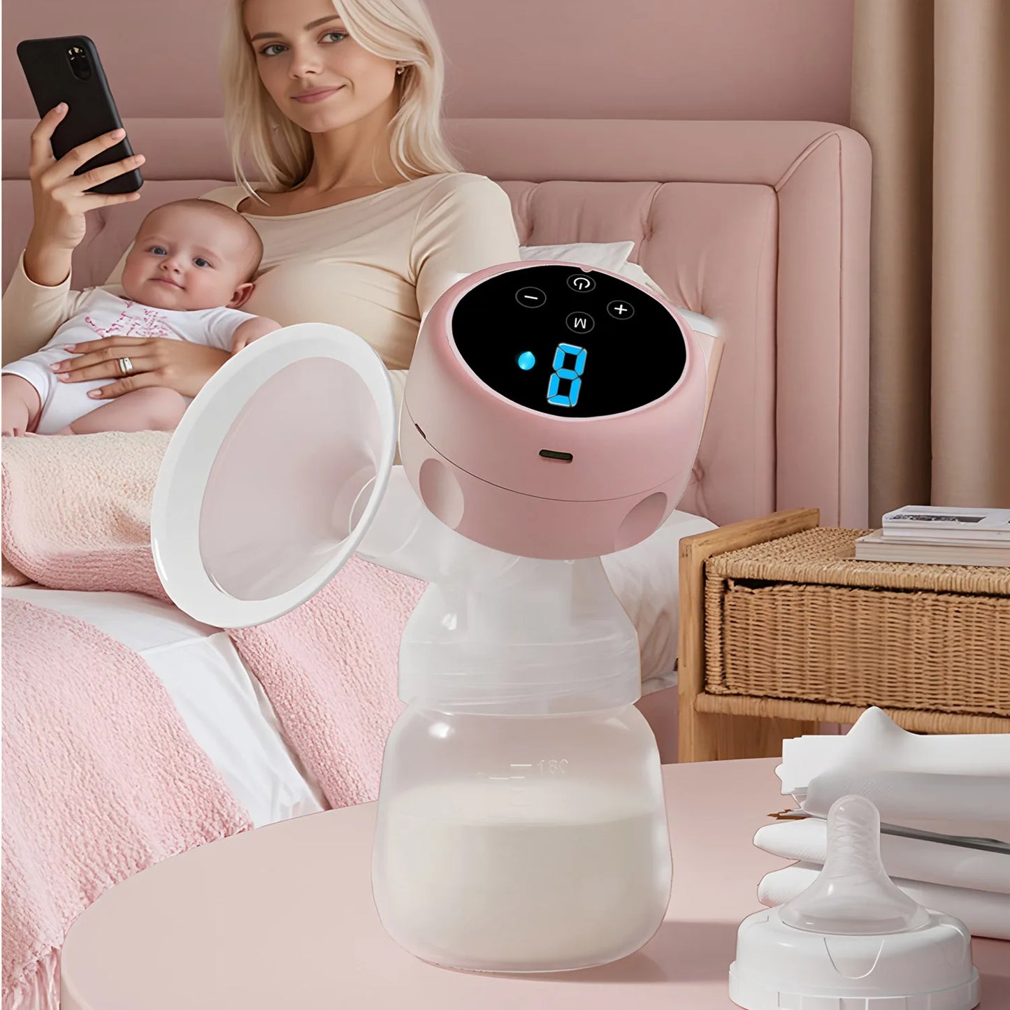 Rechargable Breast Pump Low Noise Electric Milk Puller Automatic Milker Comfort Breastfeeding Postpartum Care 180ML Milk Bottle