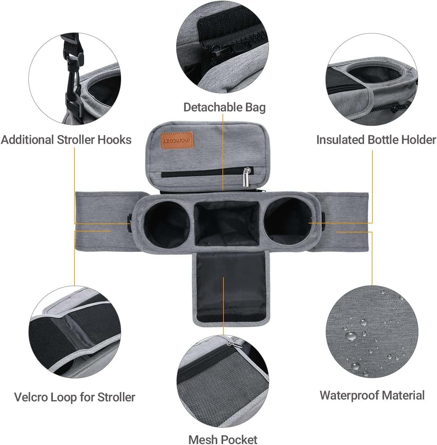 Universal Stroller Organizer with Insulated Cup Holder Detachable Phone Bag & Shoulder Strap, Fits for Stroller like Uppababy, Baby Jogger, Britax, BOB, Umbrella and Pet Stroller