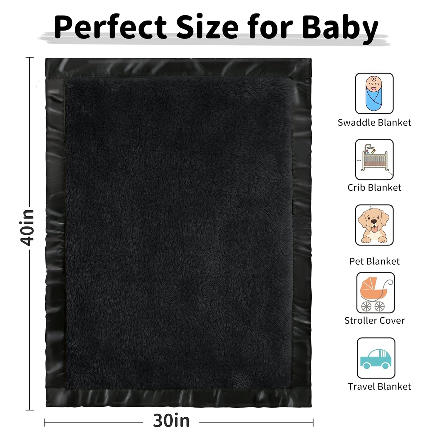 Fleece Baby Blanket with 2 Inch Satin Trim Soft Anti-Static Plush Blanket for Boys and Girls Christmas Baby Gifts for Babies Black 30''X40''