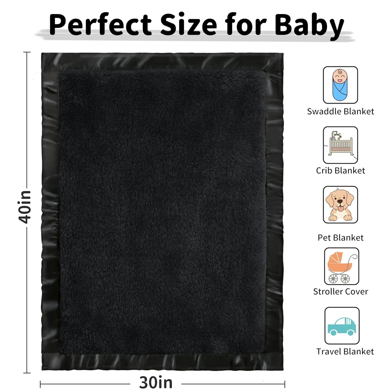 Fleece Baby Blanket with 2 Inch Satin Trim Soft Anti-Static Plush Blanket for Boys and Girls Christmas Baby Gifts for Babies Black 30''X40''