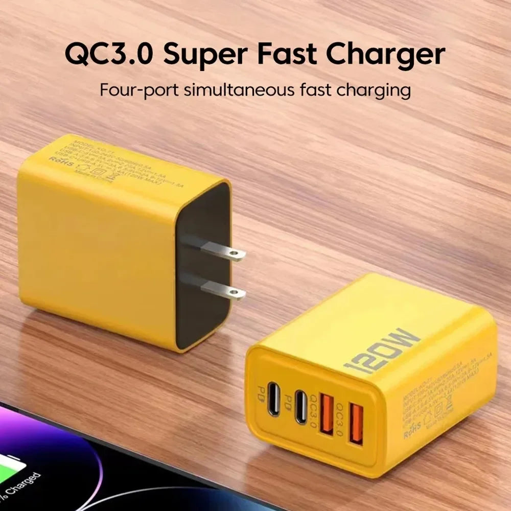 Total 120W 4-Port USB  Type C Fast  Wall Adapter for  Quick Charge Mobile Phone
