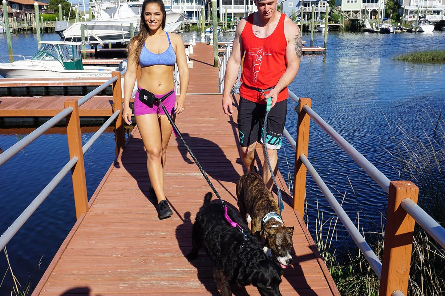- Premium Hands Free Dog Leash for Running Walking Jogging & Hiking - Adjustable Length Dual Handle Bungee Leash Medium – Large Dog Neoprene Padded Handles - Free Running Pouch Pink/Bla