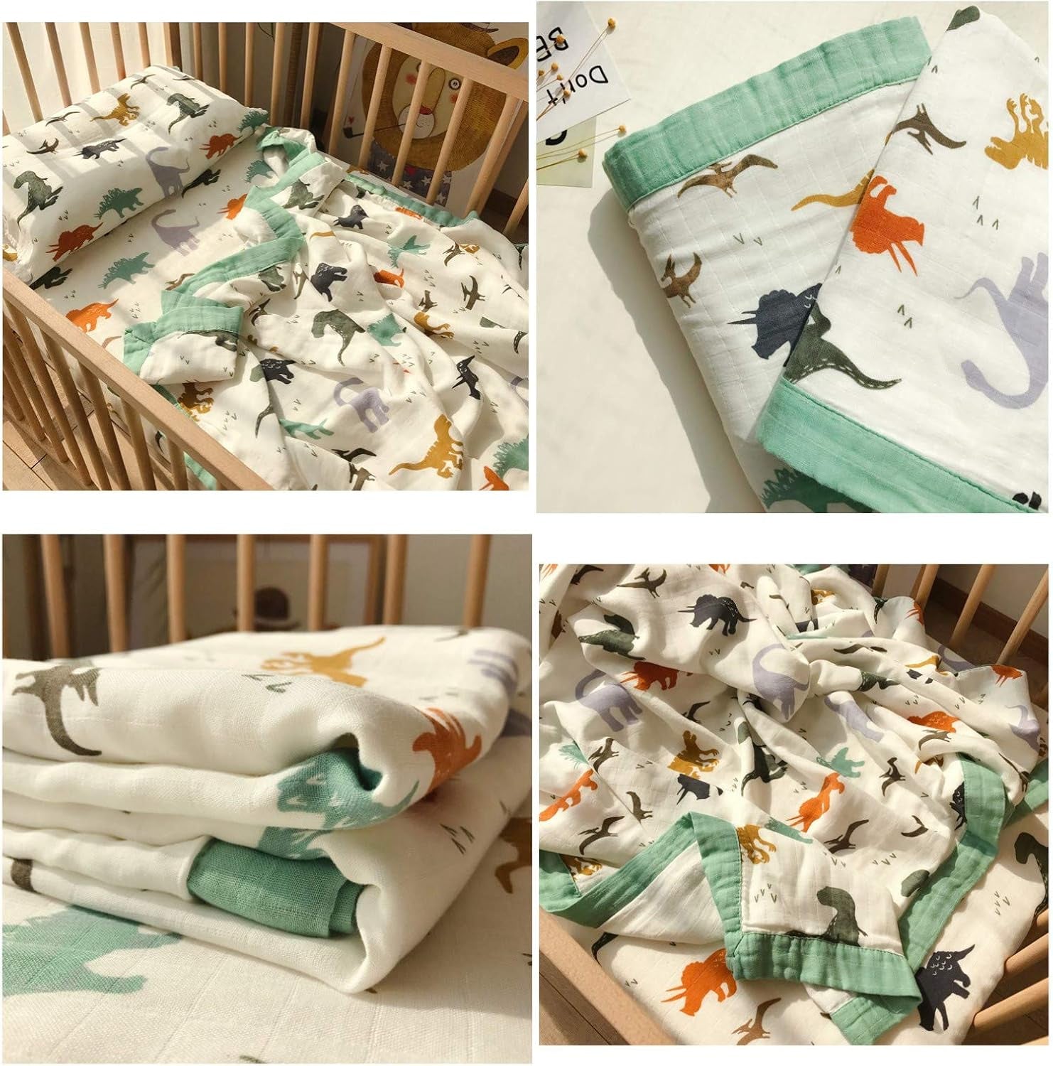 Dinosaur Muslin Blanket Baby Quilt - Silky Soft and Breathable Crib Blanket for Daycare - Large 47" X 47" - 2 Layers Toddler Summer Blankets for Boys (Dinosaur)