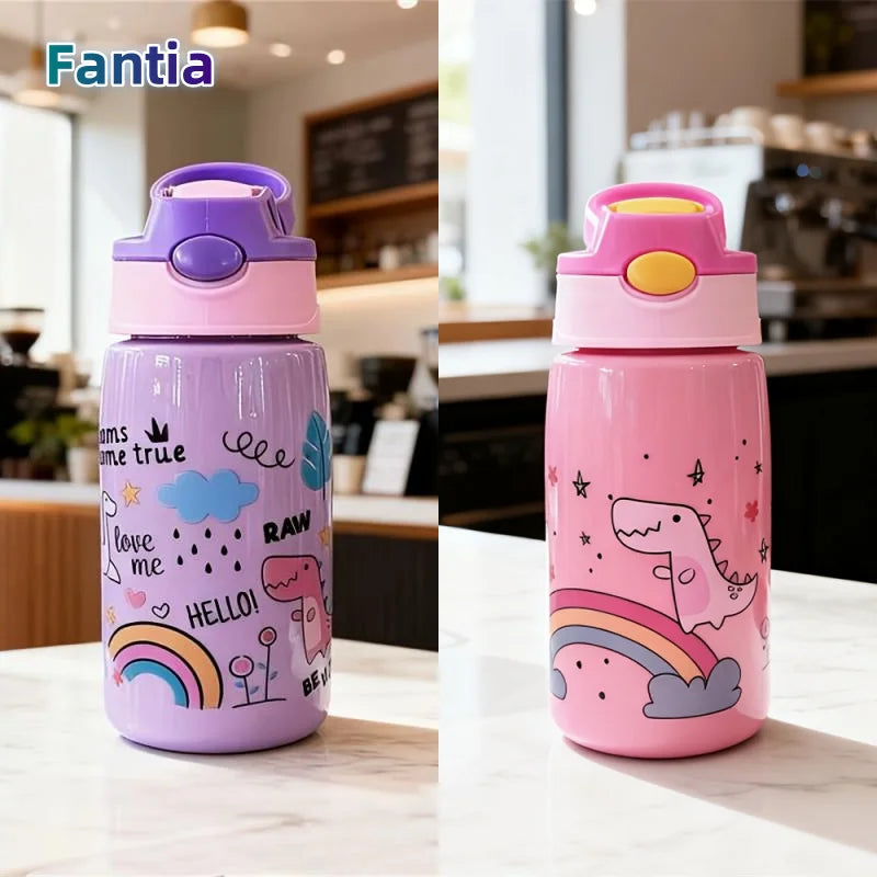 480ML Cute Water Bottle Durable 500ml Portable Water Bottle with Straw and Handle BPA-Free PC Material, Leak-Proof Sealable Lid