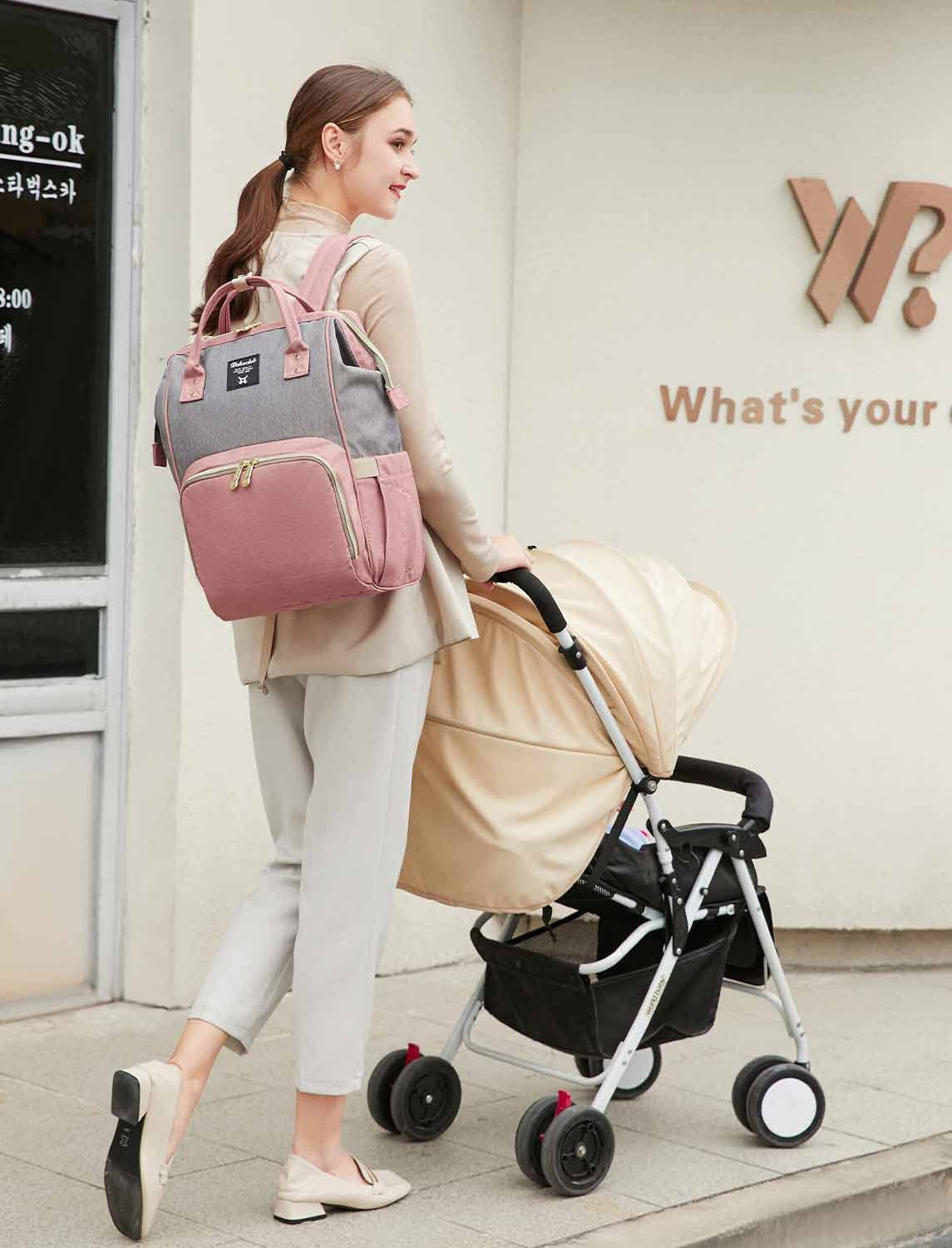Diaper Bag Backpack, Multifunction Baby Bags, Large Capacity Nappy Changing Bags, Waterproof Travel Backpack,Stylish Durable, Hooks and Changepad, Pink Grey