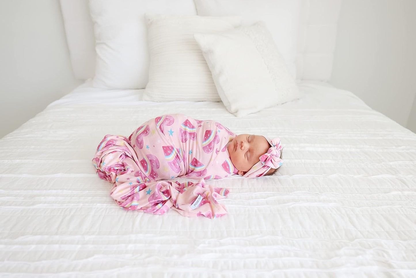 Baby Swaddle Blanket & Headband - Matching Newborn Girl Swaddle Set, Use as a Receiving Blanket or Nursing Cover (Rainbow Hearts)
