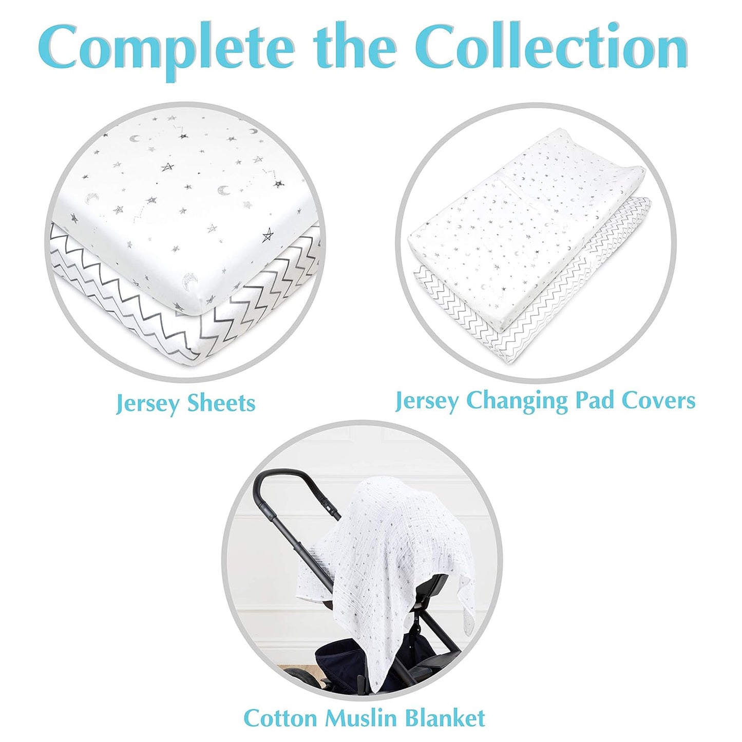 100% Cotton Muslin Swaddle Blanket, Soft, Breathable & Lightweight, Gray Stars/Moon, 47" X 47" for Boys and Girls, Perfect for Swaddling, Travel and Gifting