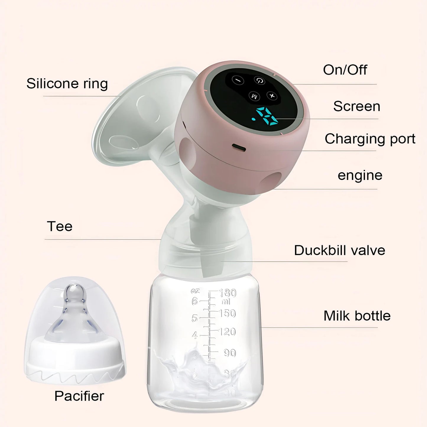 Rechargable Breast Pump Low Noise Electric Milk Puller Automatic Milker Comfort Breastfeeding Postpartum Care 180ML Milk Bottle