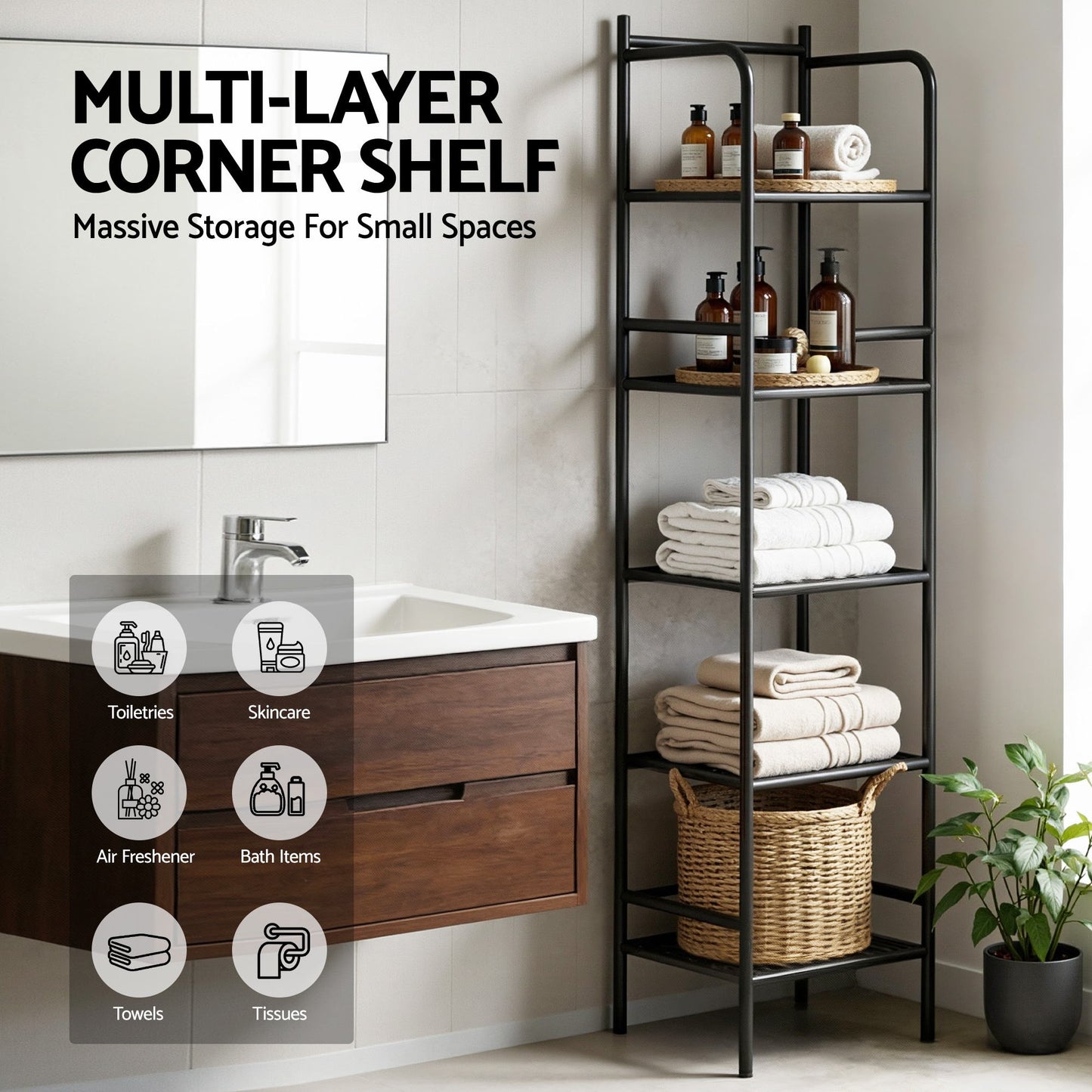 Artiss 5 Tier Floor Standing Corner Shower Caddy Bathroom Organizer Black