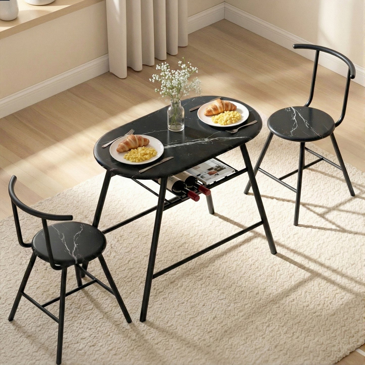 Artiss Dining Table Set 3PC Bistro Kitchen Storage Wine Rack Black Marble Style