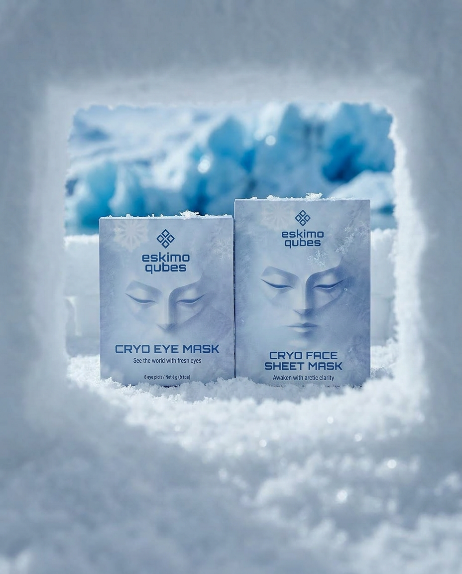 Eskimo Qubes Cryo Eye Mask and Cryo Face Sheet Mask packs side by side in an icy setting.
