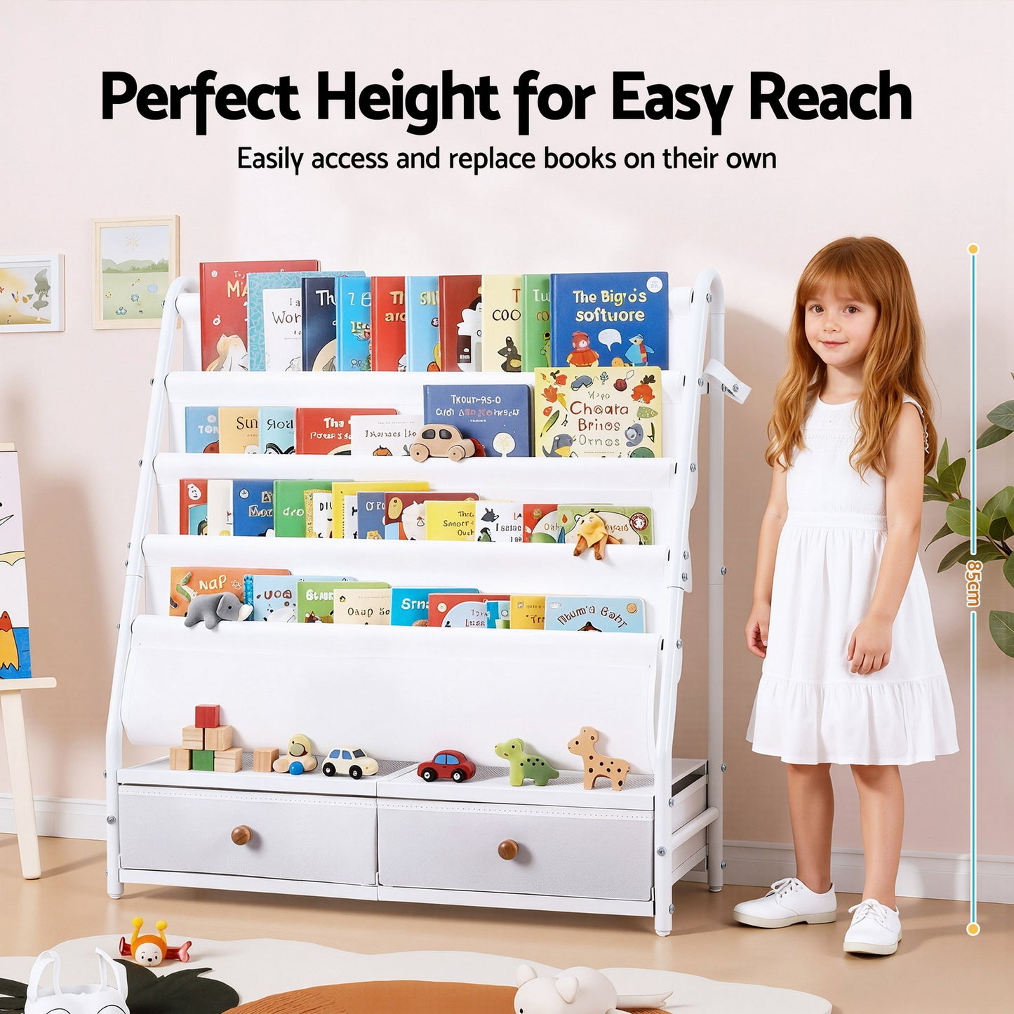 Keezi Kids Bookshelf Metal Storage Rack Toy Organiser Display Shelf Drawer White