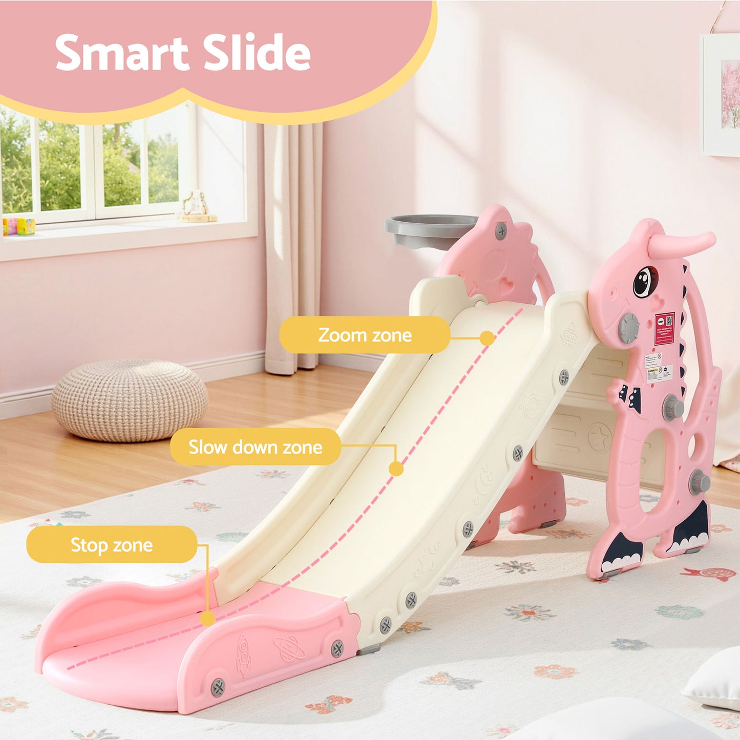 Keezi Kids Slide Set Basketball Hoop Outdoor Playground Toy Dragon 125cm Slide Pink