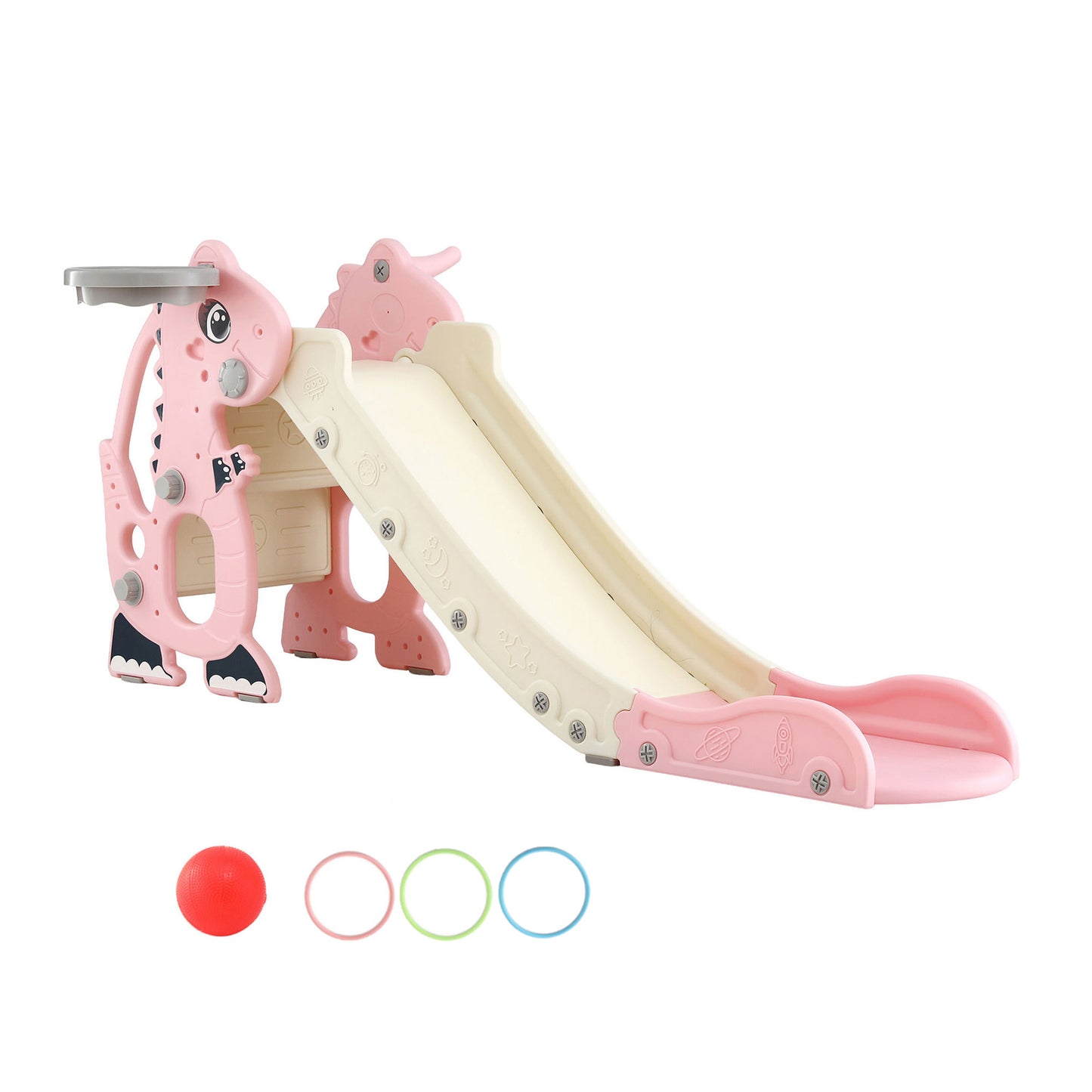 Keezi Kids Slide Set Basketball Hoop Outdoor Playground Toy Dragon 125cm Slide Pink