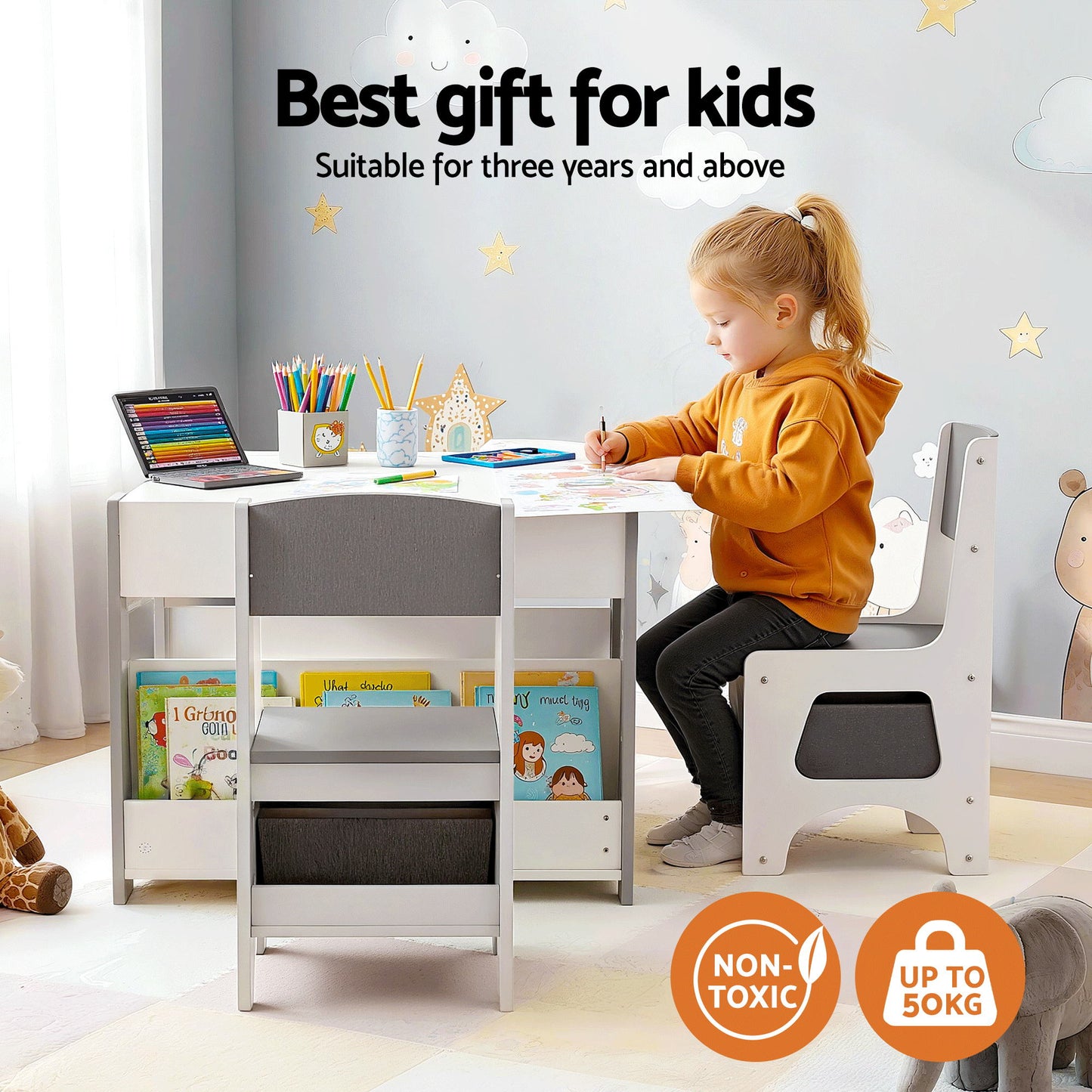 Keezi Kids Table and Chair Set, 4 in 1 Wooden Activity Table with Bookcase, Storage Box and Detachable Blackboard, Toddler Table and 2 Chairs Set,...