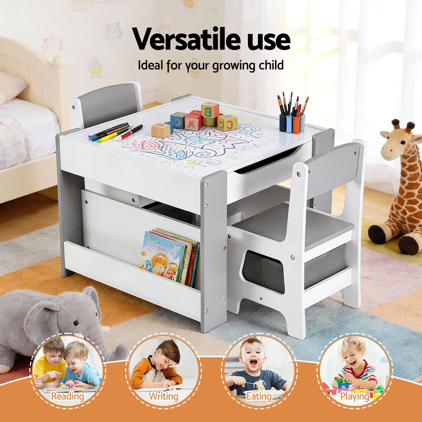 Keezi Kids Table and Chair Set, 4 in 1 Wooden Activity Table with Bookcase, Storage Box and Detachable Blackboard, Toddler Table and 2 Chairs Set,...