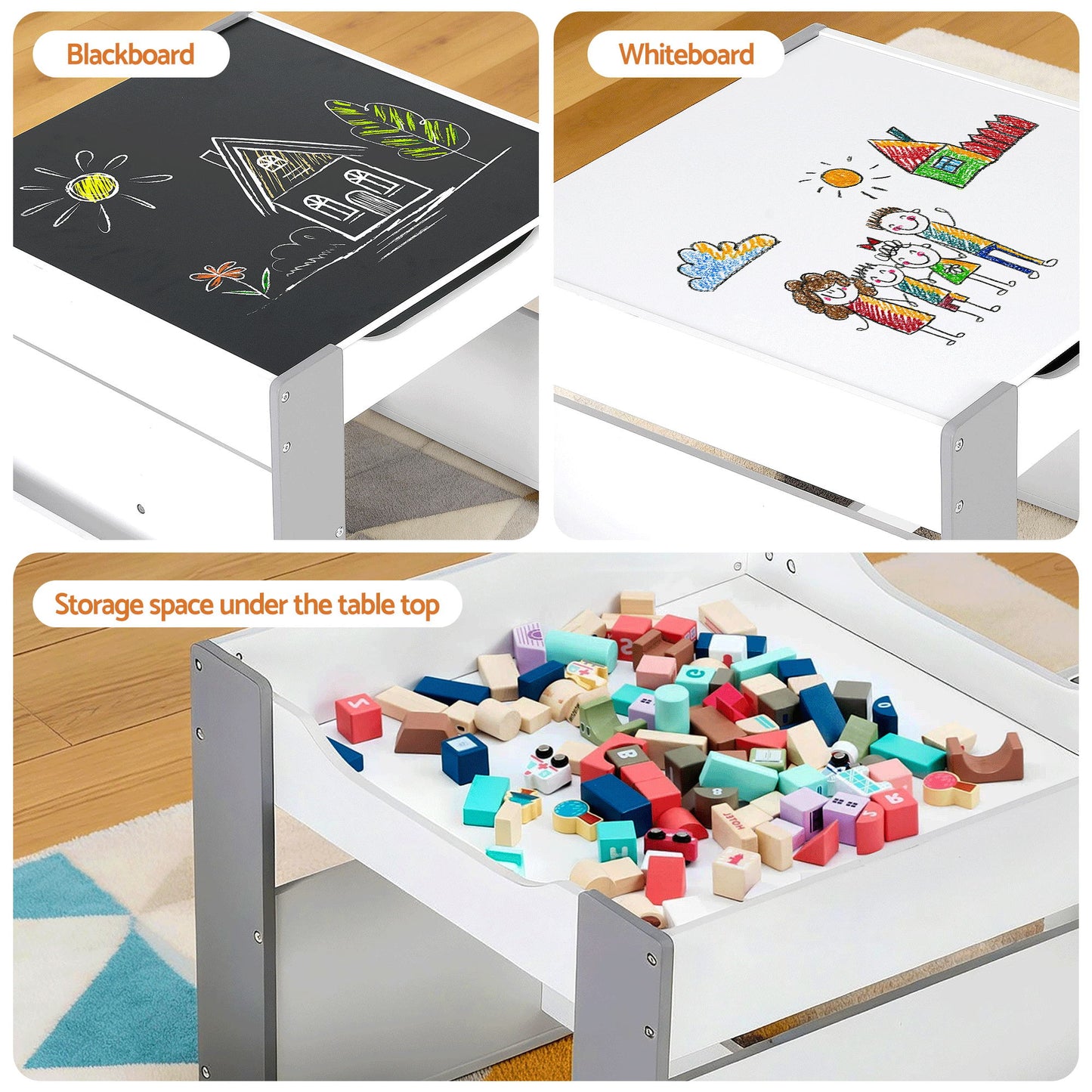 Keezi Kids Table and Chair Set, 4 in 1 Wooden Activity Table with Bookcase, Storage Box and Detachable Blackboard, Toddler Table and 2 Chairs Set,...