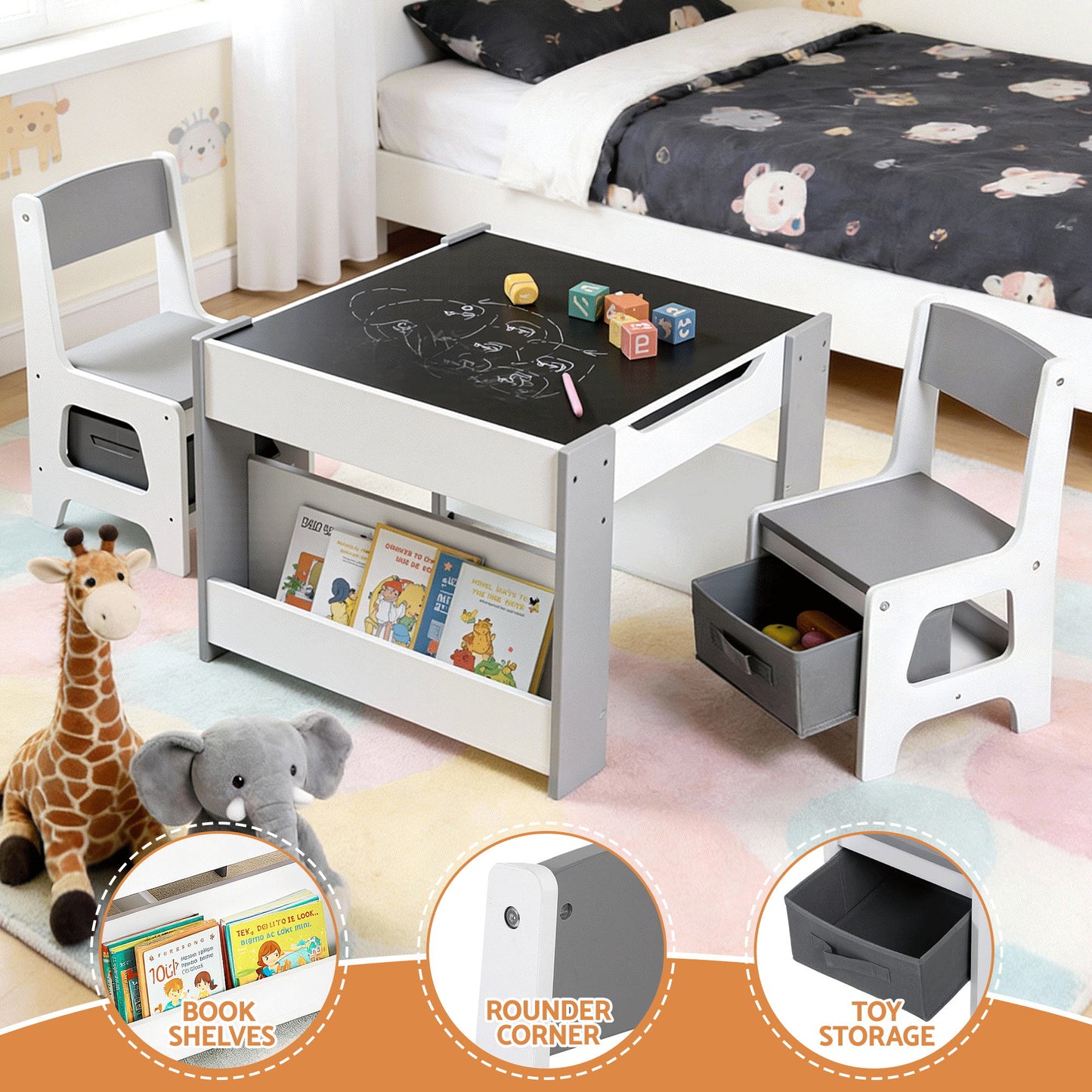 Keezi Kids Table and Chair Set, 4 in 1 Wooden Activity Table with Bookcase, Storage Box and Detachable Blackboard, Toddler Table and 2 Chairs Set,...