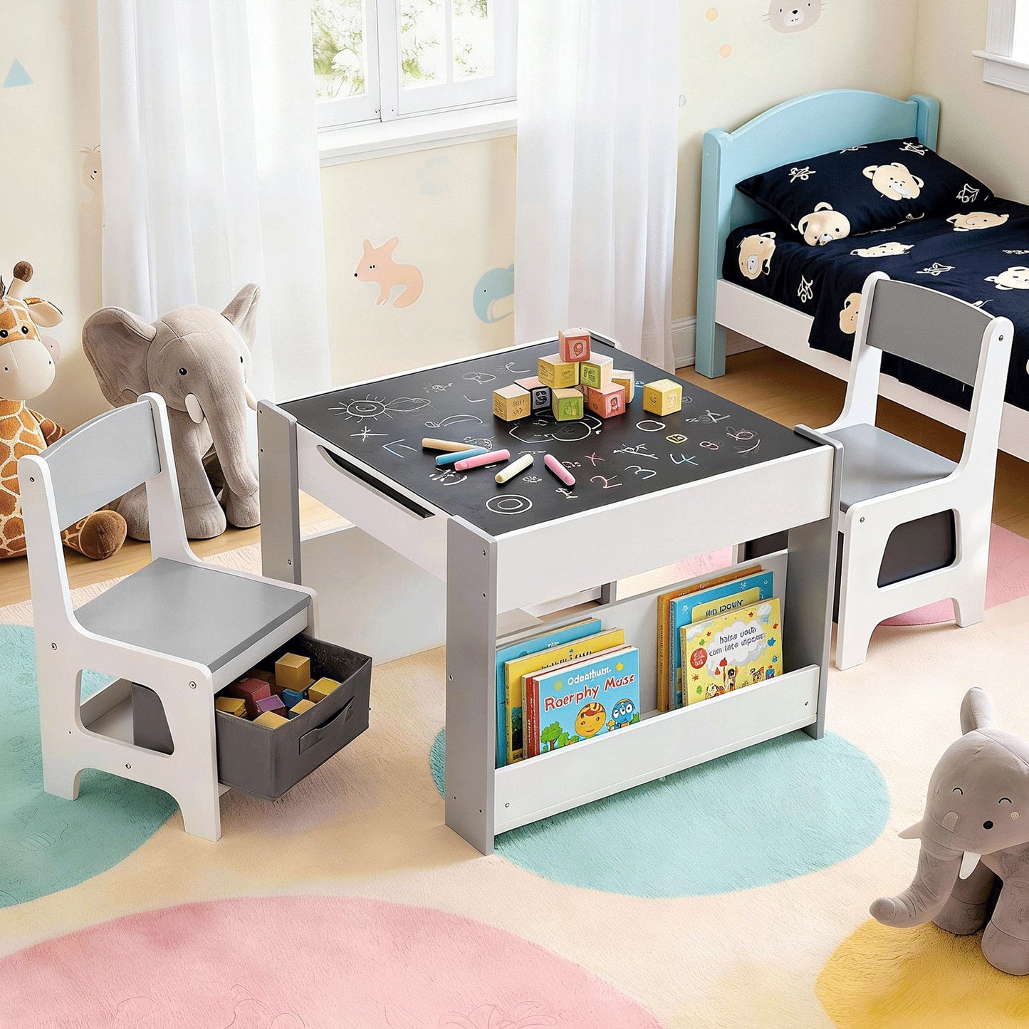 Keezi Kids Table and Chair Set, 4 in 1 Wooden Activity Table with Bookcase, Storage Box and Detachable Blackboard, Toddler Table and 2 Chairs Set,...