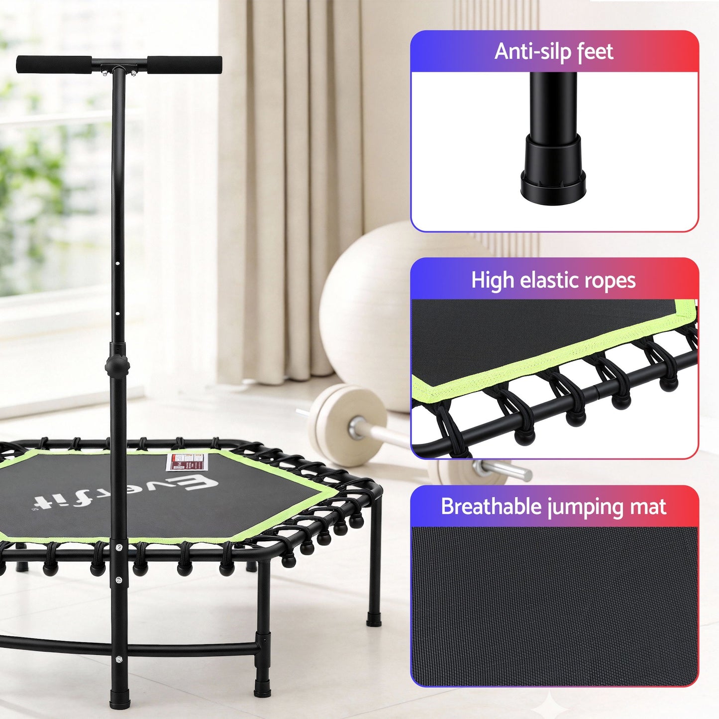 Everfit 48inch Hexagon Fitness Trampoline Rebounder Adjustable Handrail Green