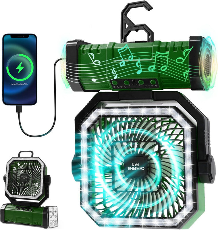 20000mAh Portable Camping Fan, Rechargeable Battery Operated Oscillating Camp Tent Fan W/Remote control, 4 Speeds, LED lights & 360° Rotation Hook