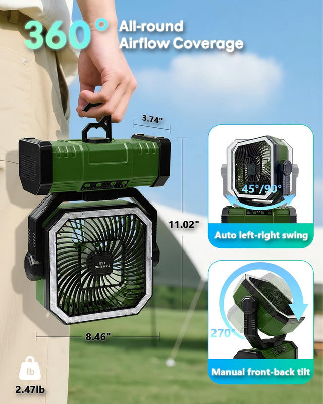 20000mAh Portable Camping Fan, Rechargeable Battery Operated Oscillating Camp Tent Fan W/Remote control, 4 Speeds, LED lights & 360° Rotation Hook
