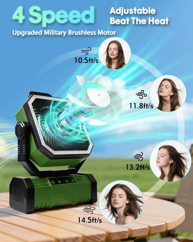 20000mAh Portable Camping Fan, Rechargeable Battery Operated Oscillating Camp Tent Fan W/Remote control, 4 Speeds, LED lights & 360° Rotation Hook