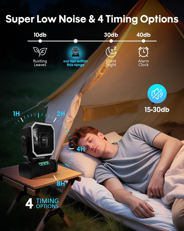20000mAh Portable Camping Fan, Rechargeable Battery Operated Oscillating Camp Tent Fan W/Remote control, 4 Speeds, LED lights & 360° Rotation Hook