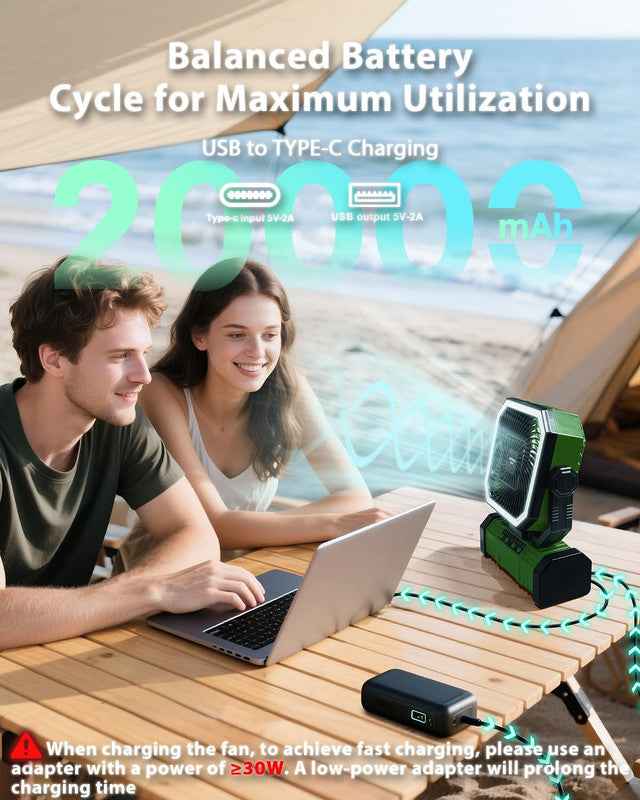 20000mAh Portable Camping Fan, Rechargeable Battery Operated Oscillating Camp Tent Fan W/Remote control, 4 Speeds, LED lights & 360° Rotation Hook