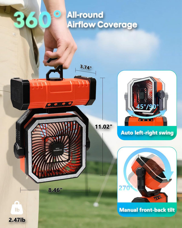 20000mAh Portable Camping Fan, Rechargeable Battery Operated Oscillating Camp Tent Fan W/Remote control, 4 Speeds, LED lights & 360° Rotation Hook