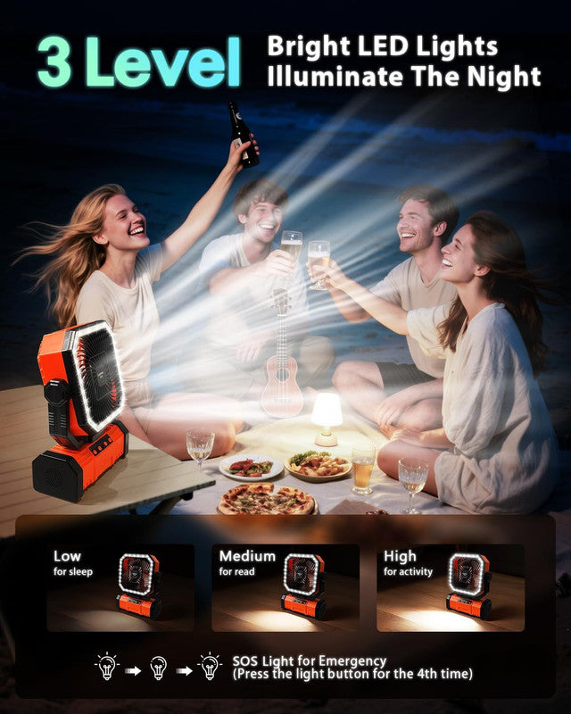 20000mAh Portable Camping Fan, Rechargeable Battery Operated Oscillating Camp Tent Fan W/Remote control, 4 Speeds, LED lights & 360° Rotation Hook