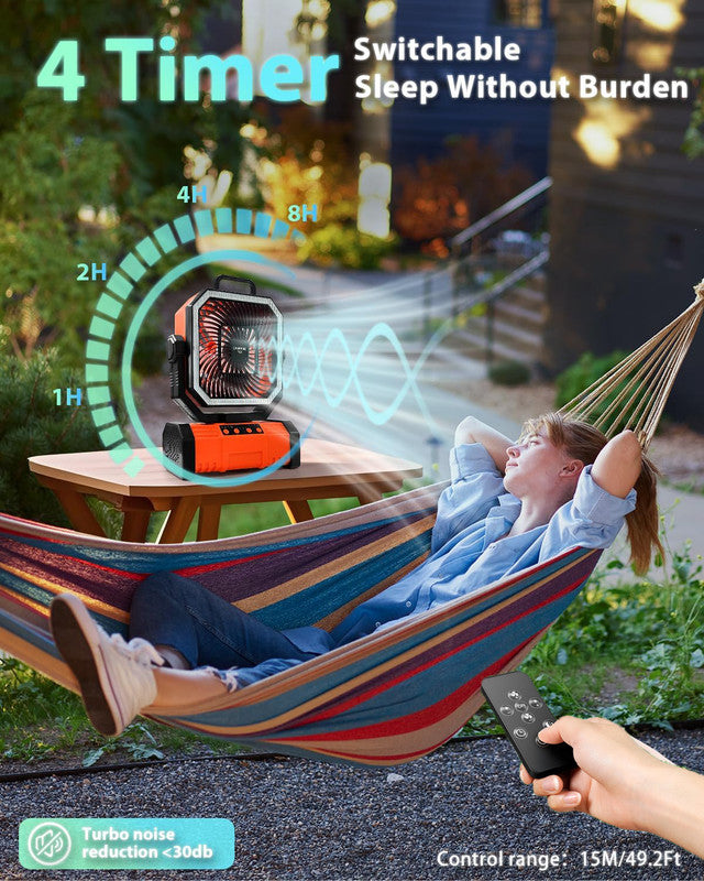 20000mAh Portable Camping Fan, Rechargeable Battery Operated Oscillating Camp Tent Fan W/Remote control, 4 Speeds, LED lights & 360° Rotation Hook