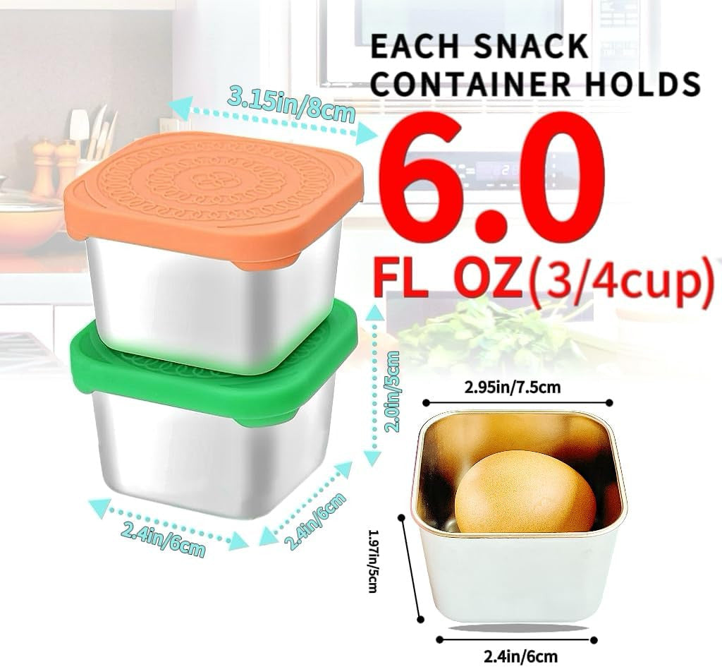 6Pack 6oz Stainless Steel Snack Containers and 2oz Salad Dressing To Go Containers with Silicone Lids, Reusable Square Meal Prep Condiment Sauce...