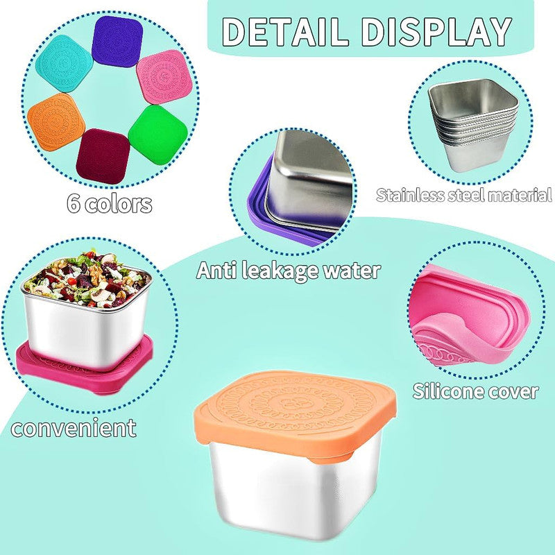 6Pack 6oz Stainless Steel Snack Containers and 2oz Salad Dressing To Go Containers with Silicone Lids, Reusable Square Meal Prep Condiment Sauce...