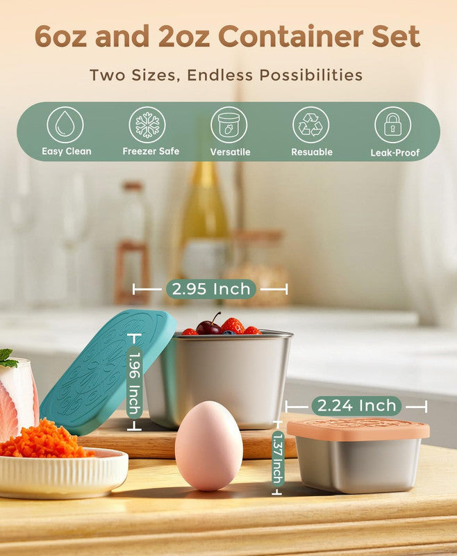 6Pack 6oz Stainless Steel Snack Containers and 2oz Salad Dressing To Go Containers with Silicone Lids, Reusable Square Meal Prep Condiment Sauce...