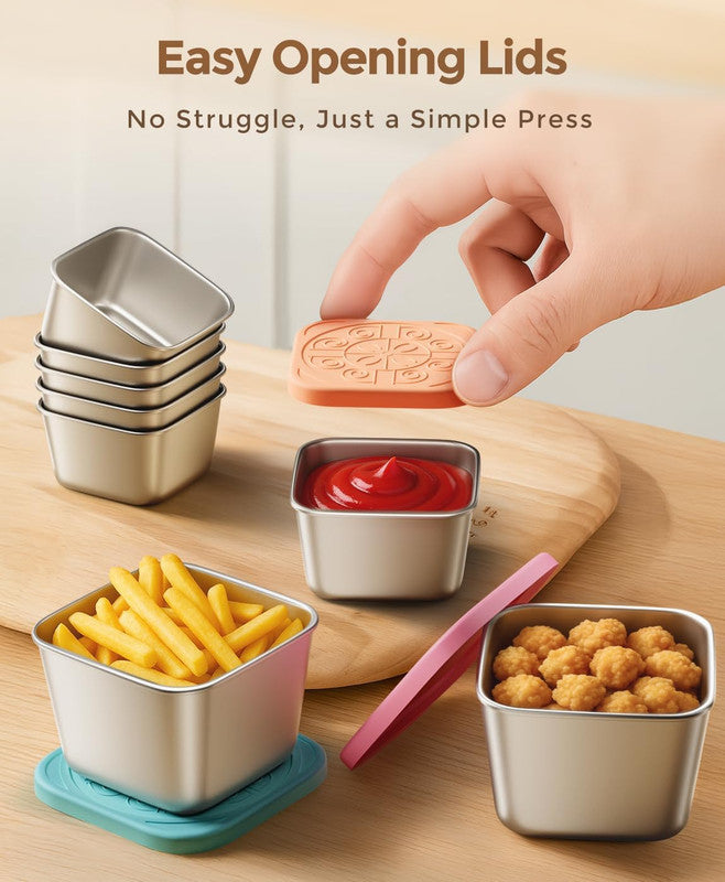 6Pack 6oz Stainless Steel Snack Containers and 2oz Salad Dressing To Go Containers with Silicone Lids, Reusable Square Meal Prep Condiment Sauce...