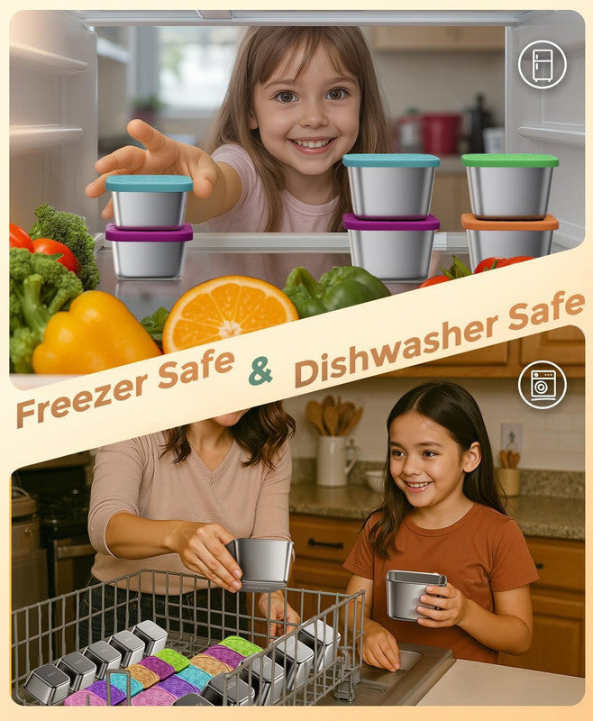 6Pack 6oz Stainless Steel Snack Containers and 2oz Salad Dressing To Go Containers with Silicone Lids, Reusable Square Meal Prep Condiment Sauce...