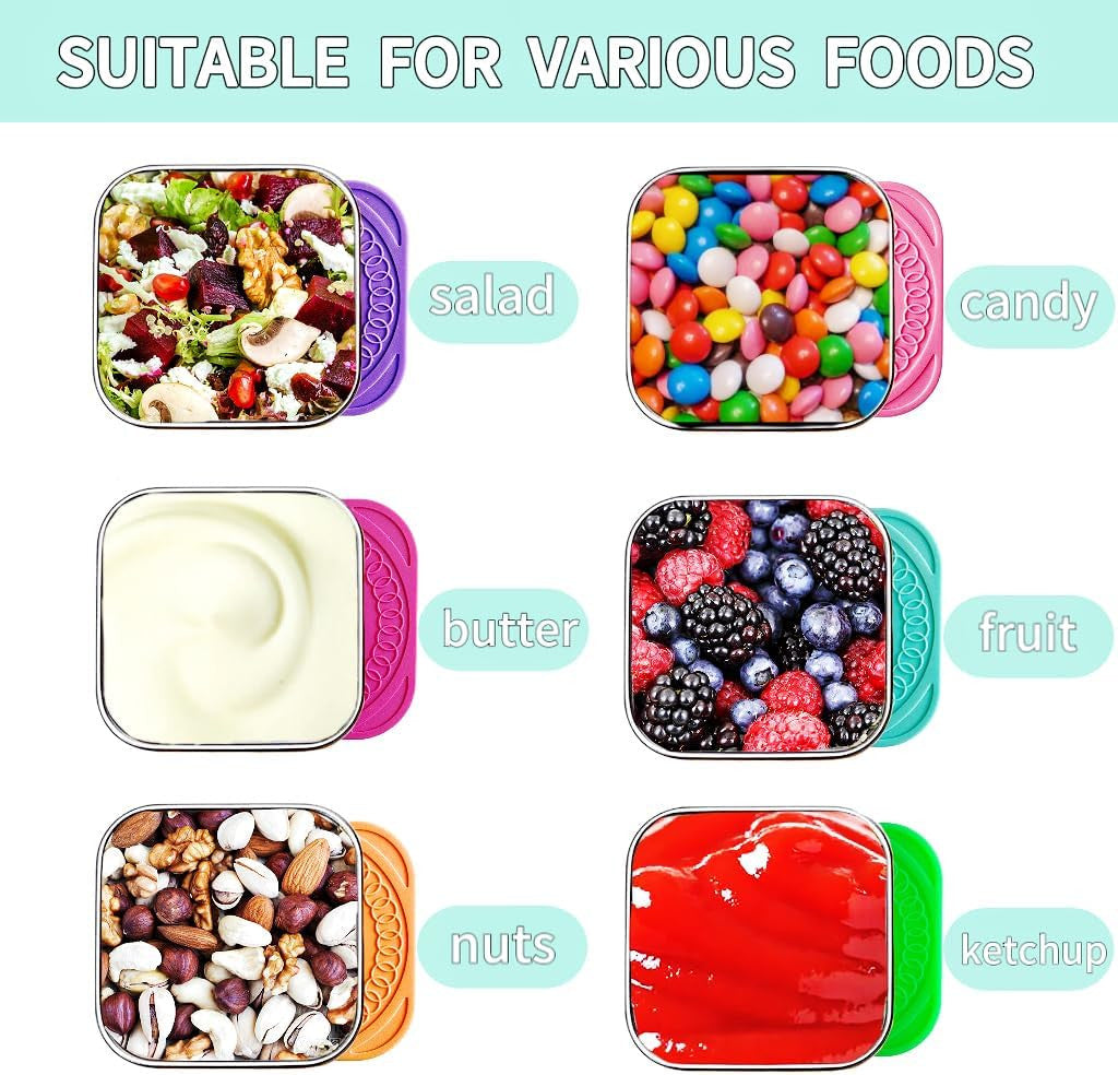 6Pack 6oz Stainless Steel Snack Containers and 2oz Salad Dressing To Go Containers with Silicone Lids, Reusable Square Meal Prep Condiment Sauce...