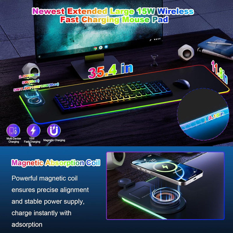 Wireless Charging Mouse Pad 15W RGB Gaming Mousepad Waterproof Desk Mat with Phone Holder 35.4''x11.8'' Extra Large Desk Pad Non-Slip Base Computer...