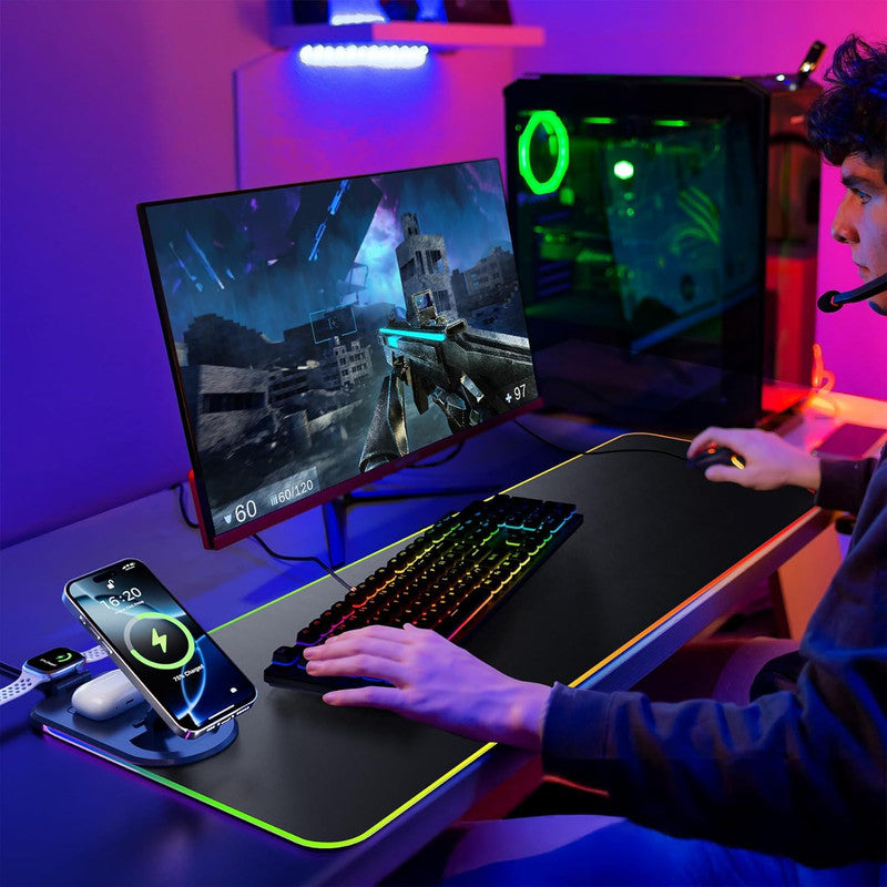 Wireless Charging Mouse Pad 15W RGB Gaming Mousepad Waterproof Desk Mat with Phone Holder 35.4''x11.8'' Extra Large Desk Pad Non-Slip Base Computer...