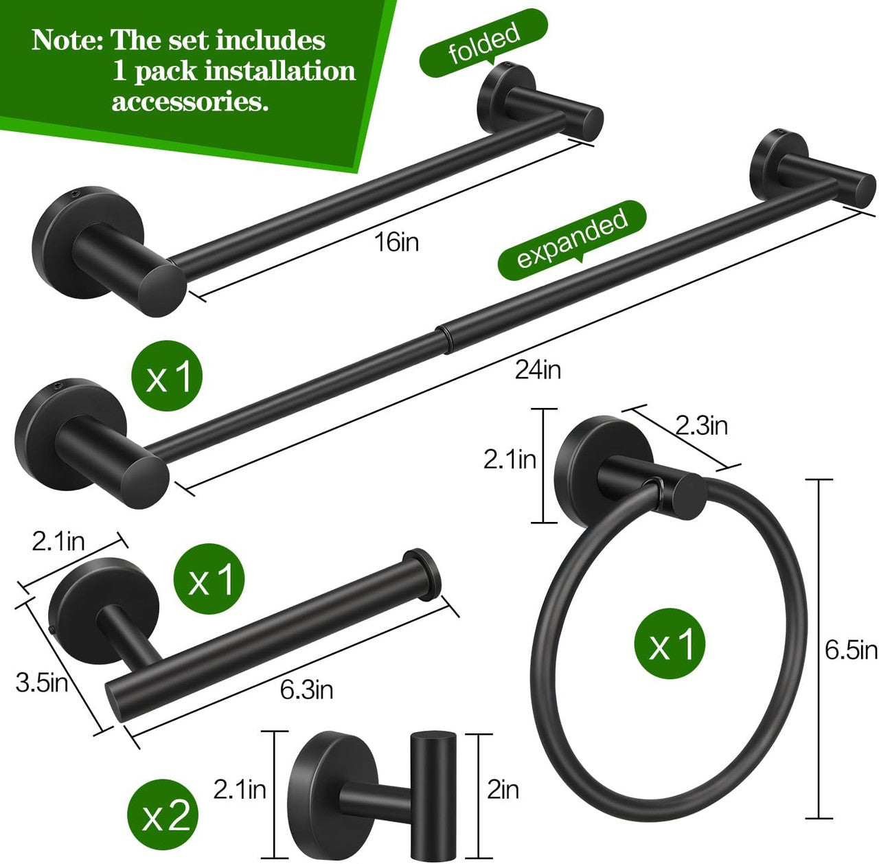 5pcs Matte Black Bathroom Hardware Set, Including 1pcs 24in Retractable Hand Single Towel Bar with 1pcs Toilet Paper Holders, 1pcs Towel Rings 2pcs...