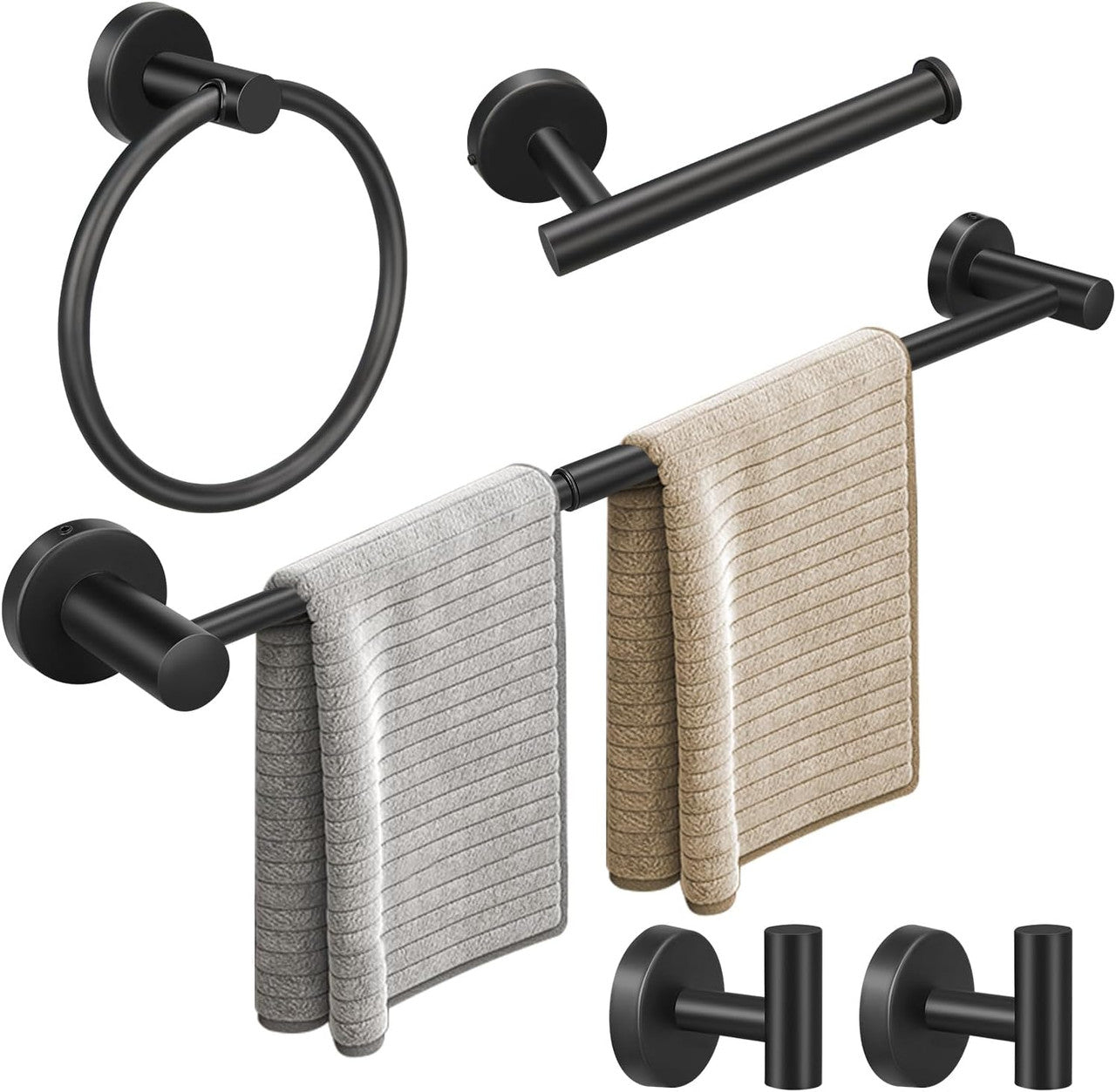 5pcs Matte Black Bathroom Hardware Set, Including 1pcs 24in Retractable Hand Single Towel Bar with 1pcs Toilet Paper Holders, 1pcs Towel Rings 2pcs...